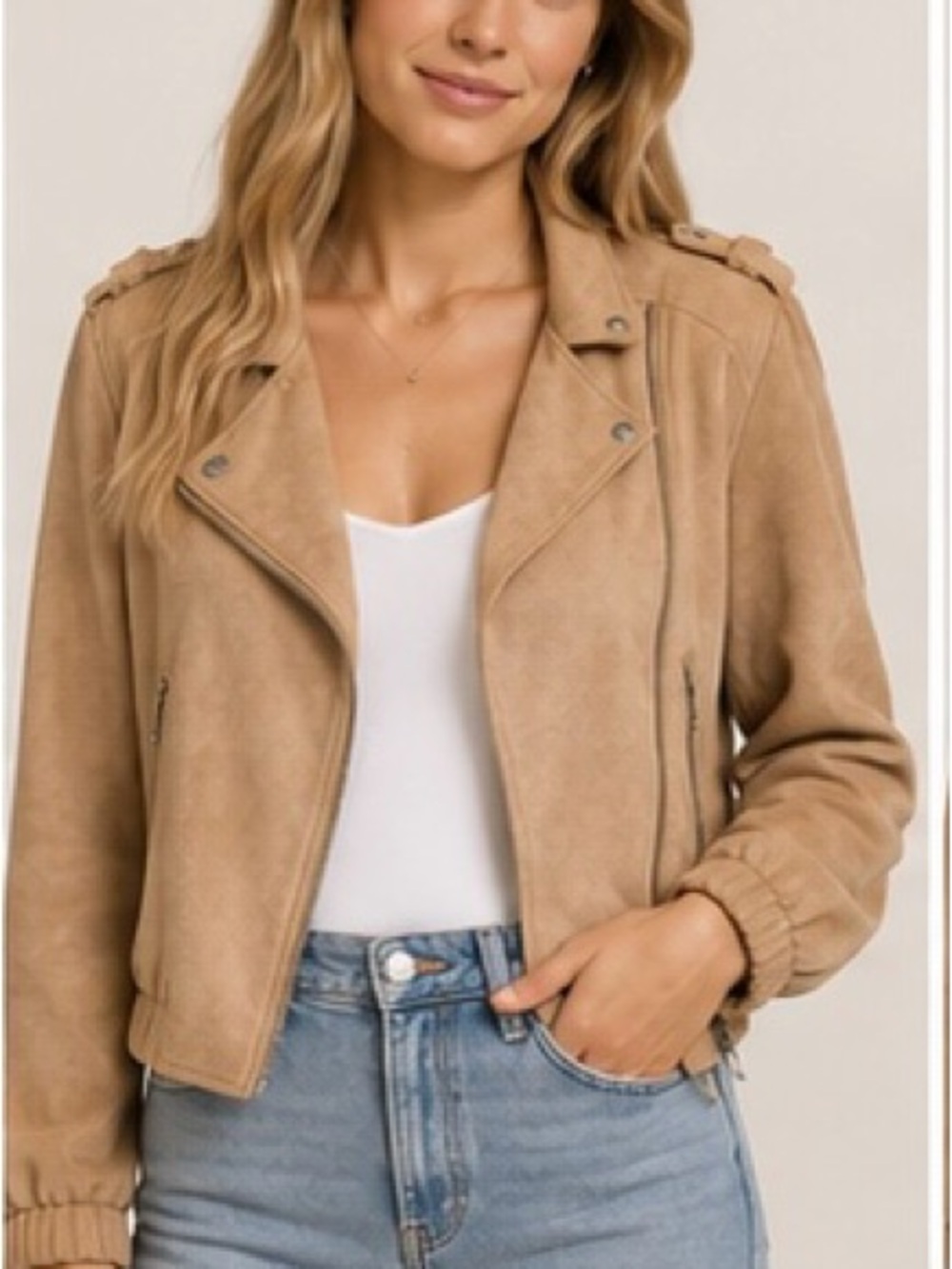 [BLANKNYC] Faux Suede Moto Bomber Jacket Sand Dune Tan Size S